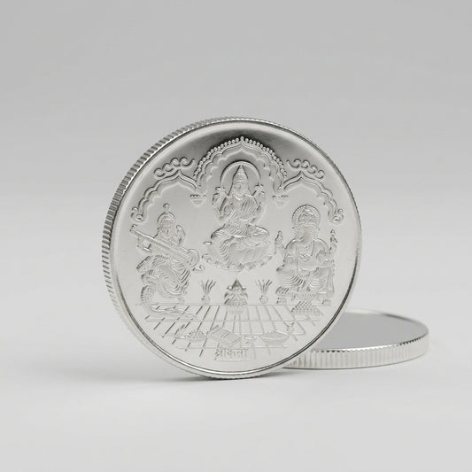 999 silver Ganesha, Lakshmi, Saraswati coins for Diwali, 50 grams, featuring traditional Hindu deity designs, by Tribal Ornaments.