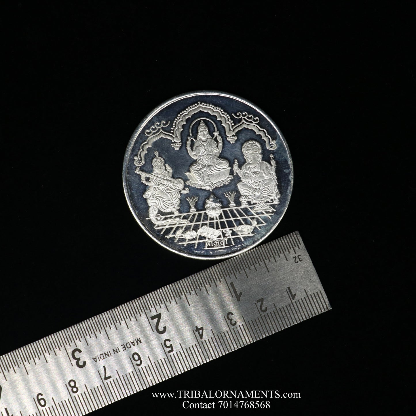 92.5 Silver Purity Ganesha + Lakshmi + Saraswati 50 Gram Coin for diwali CN17 - TRIBAL ORNAMENTS