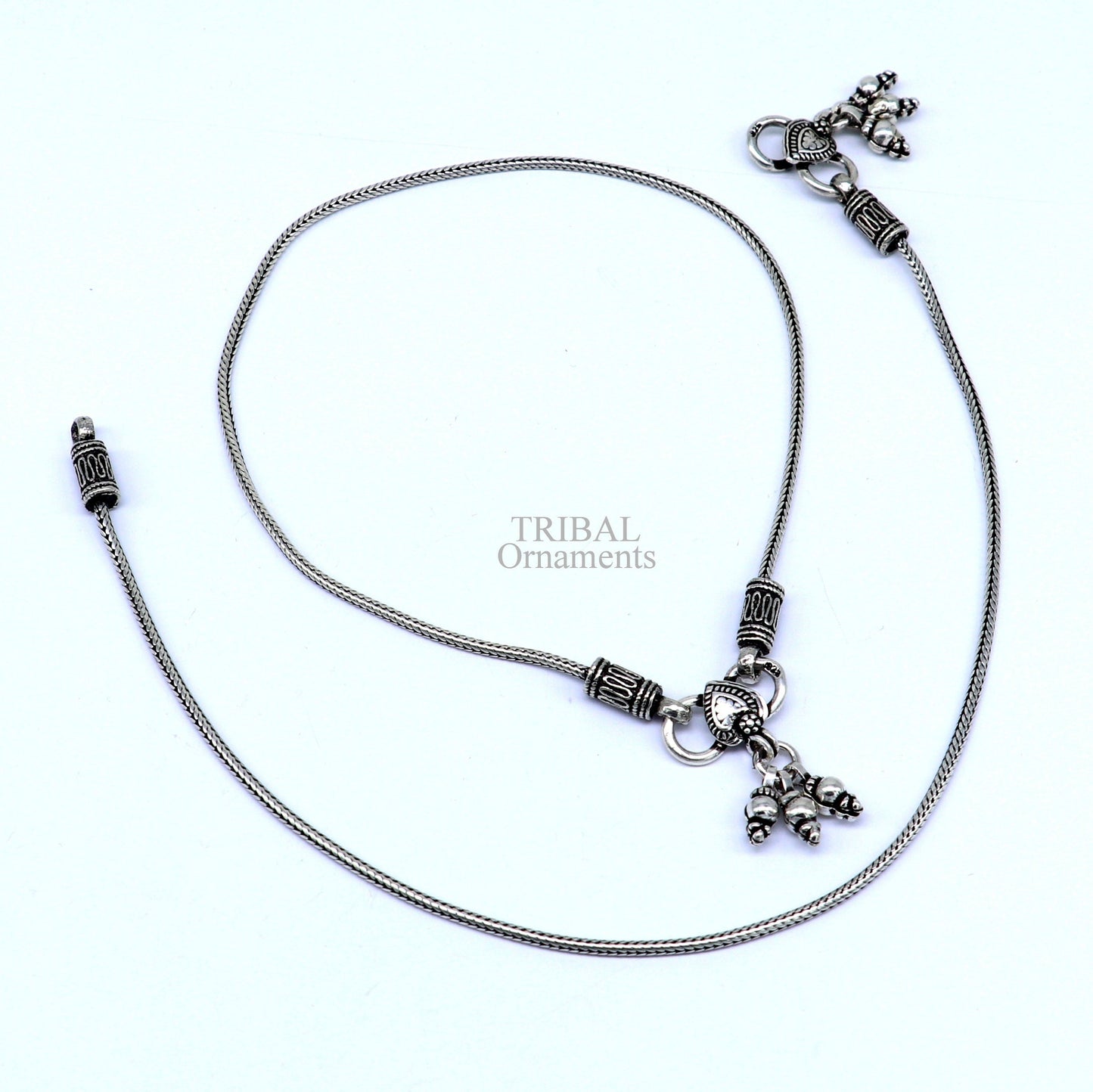 10.5" 925 Sterling silver handmade wheat chain ankle bracelet, vintage oxidized charm anklets, tribal belly dance customized jewelry nank468 - TRIBAL ORNAMENTS