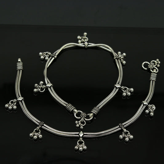 10.5" 925 Sterling silver Vintage style customized snake chain anklets, ankle bracelet, foot bracelet with hanging bells jewelry nank274 - TRIBAL ORNAMENTS