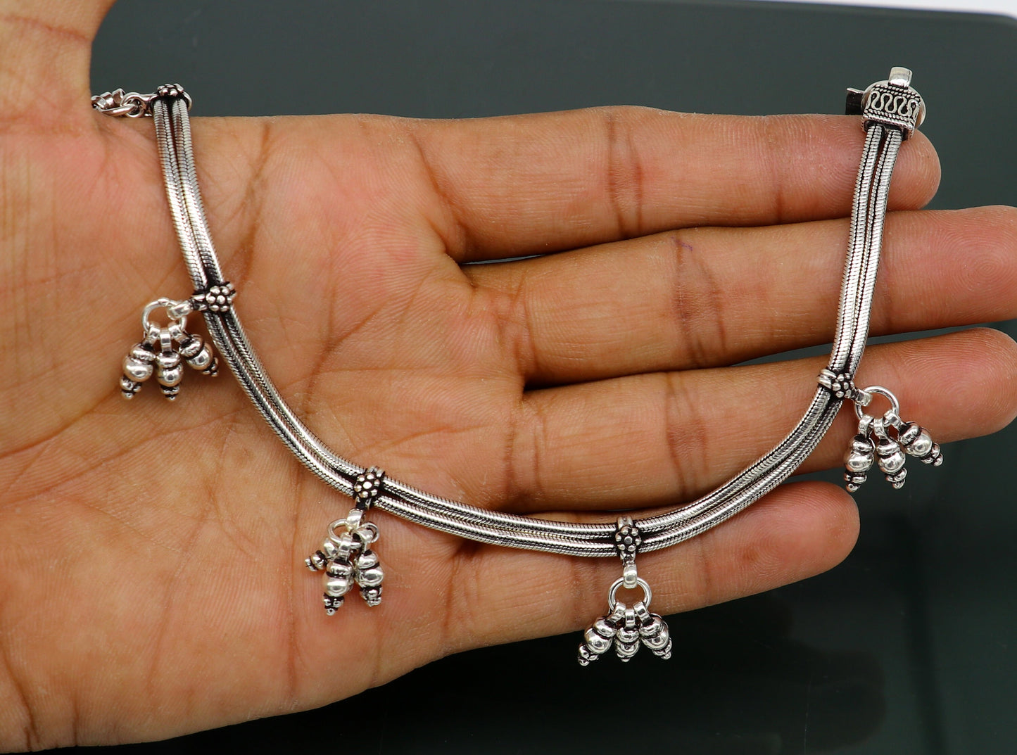 10.5" 925 Sterling silver Vintage style customized snake chain anklets, ankle bracelet, foot bracelet with hanging bells jewelry ank333 - TRIBAL ORNAMENTS