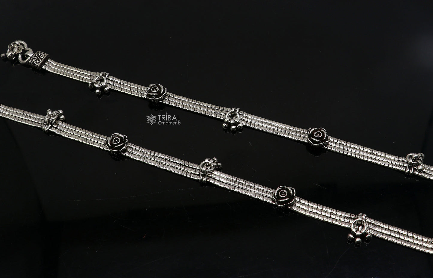 Sterling silver vintage rose flower design 3-string anklet with charm, tribal ornaments foot jewelry, 10.5 inches ankle bracelet