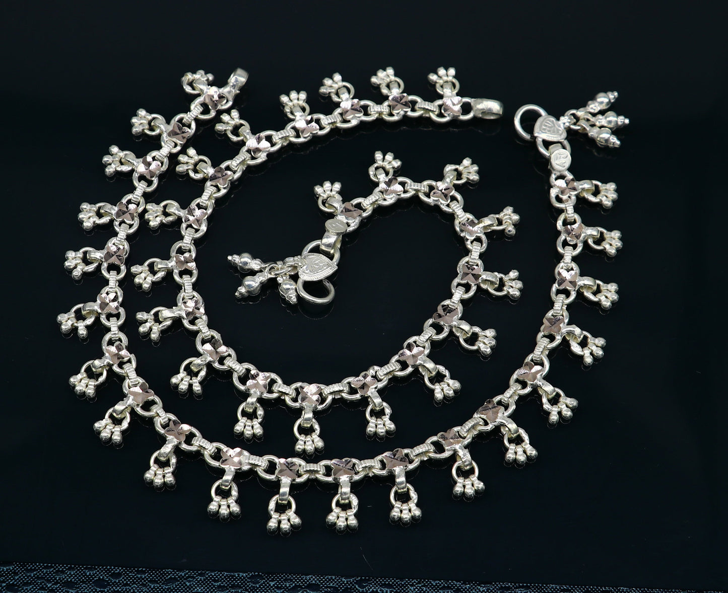 10" solid sterling silver handmade ankle bracelet anklets, fabulous hanging drops wedding brides anklets belly dance jewelry ank412 - TRIBAL ORNAMENTS