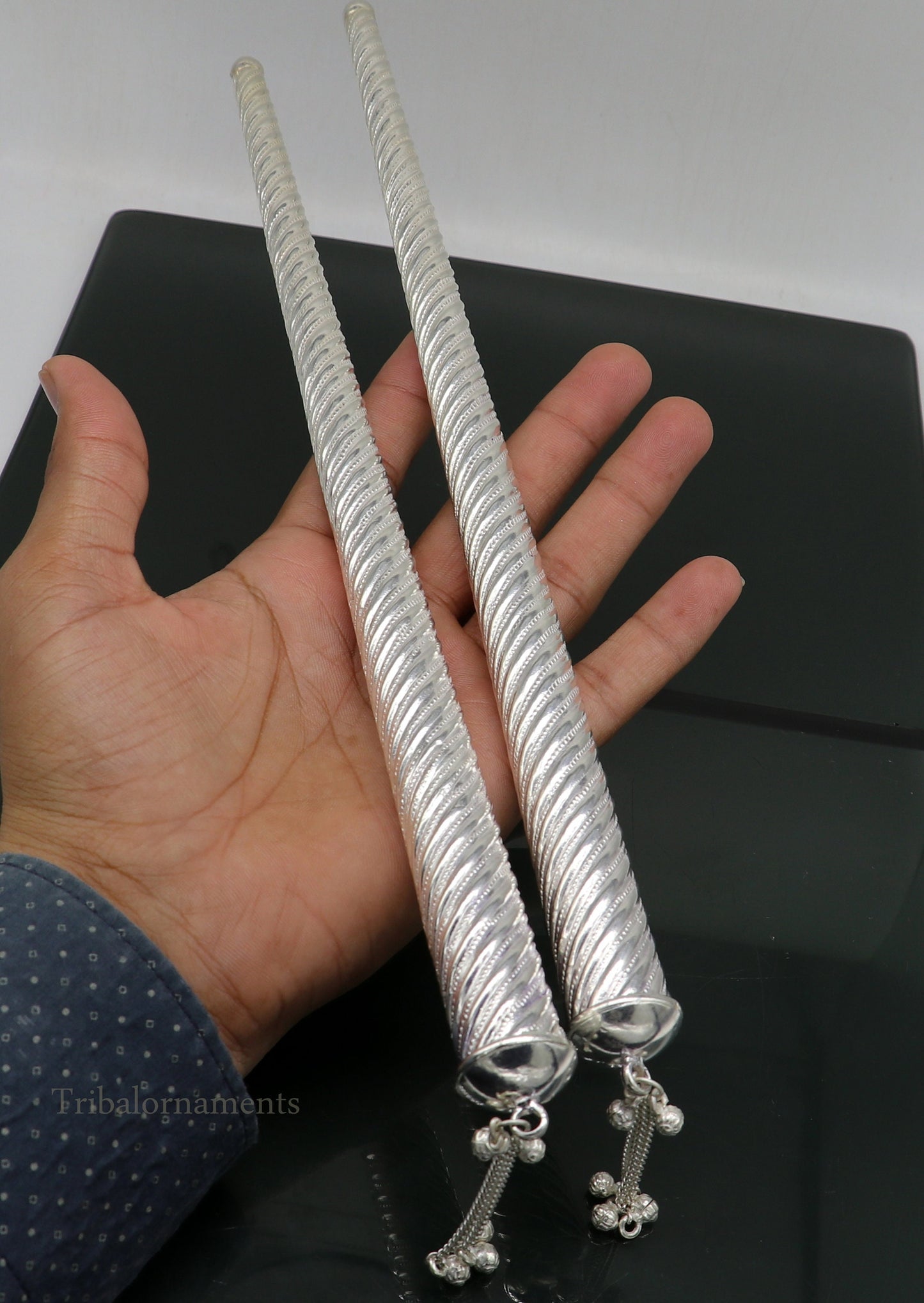 12.5 inches Vintage design handmade sterling silver Dandiya sticks, best gifting lord krishna, Dandiya Garba Ras accessories puja art su453 - TRIBAL ORNAMENTS