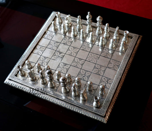 12" x 12" 925 sterling silver chessboard, Amazing customized handcrafted design on wooden base, Amazing Royal silver gift article india sf10 - TRIBAL ORNAMENTS