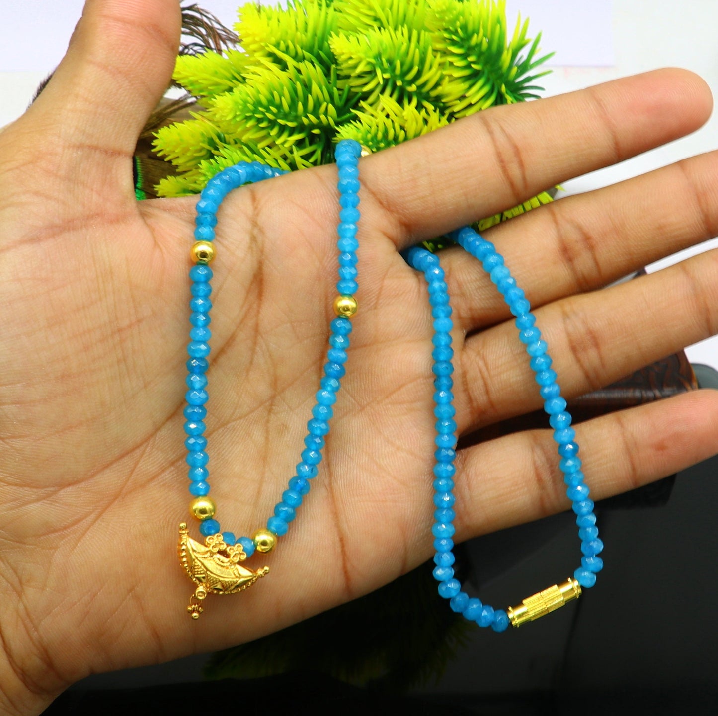 18" faceted blue color beaded necklace, 20kt yellow gold amulet stylish pendant, vintage customized brides gift tribal ethnic jewelry ap07 - TRIBAL ORNAMENTS