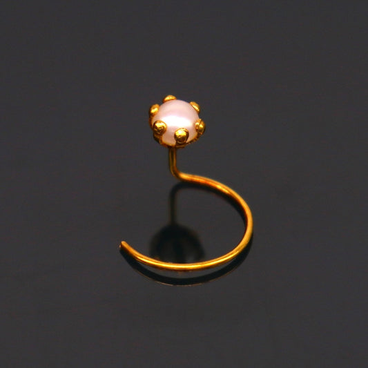 18 kt yellow fine gold fabulous nose pin, excellent single pearl nose pin, stunning design gifting gold jewelry for girl's women's gnp37 - TRIBAL ORNAMENTS