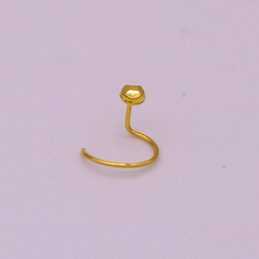 18kt yellow gold handmade diamond cut design dot pattern L Band tiny nose pin solid jewelry - TRIBAL ORNAMENTS