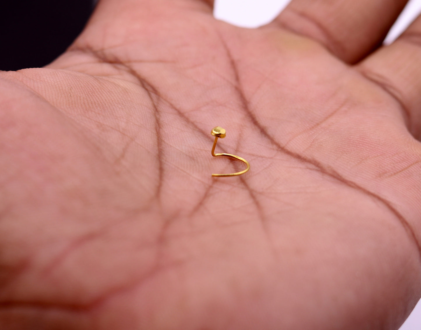 18kt yellow gold handmade diamond cut design dot pattern L Band tiny nose pin solid jewelry - TRIBAL ORNAMENTS