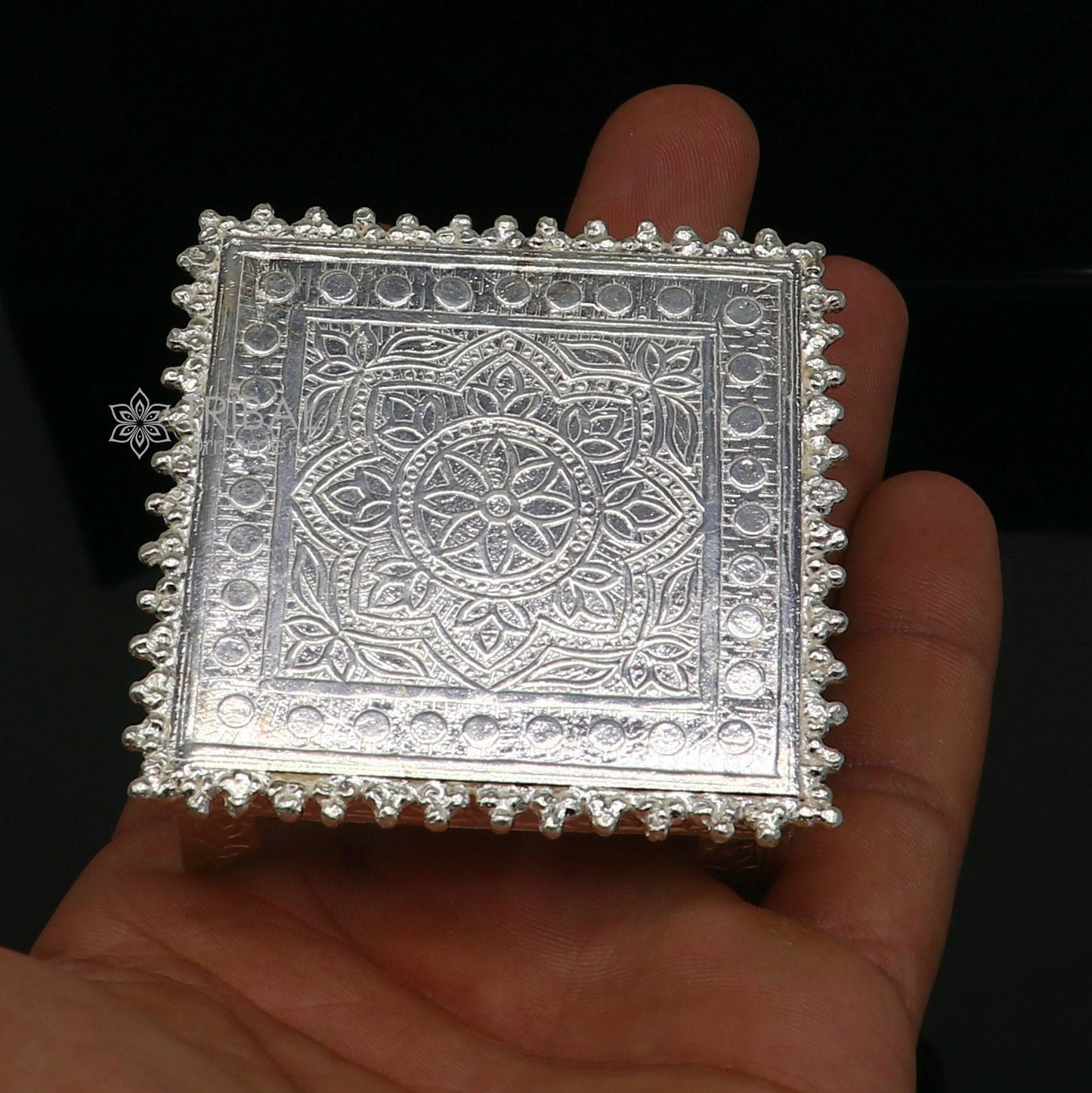 Handmade 925 sterling silver small square table puja utensil, traditional tribal temple art for home altar or puja rituals.