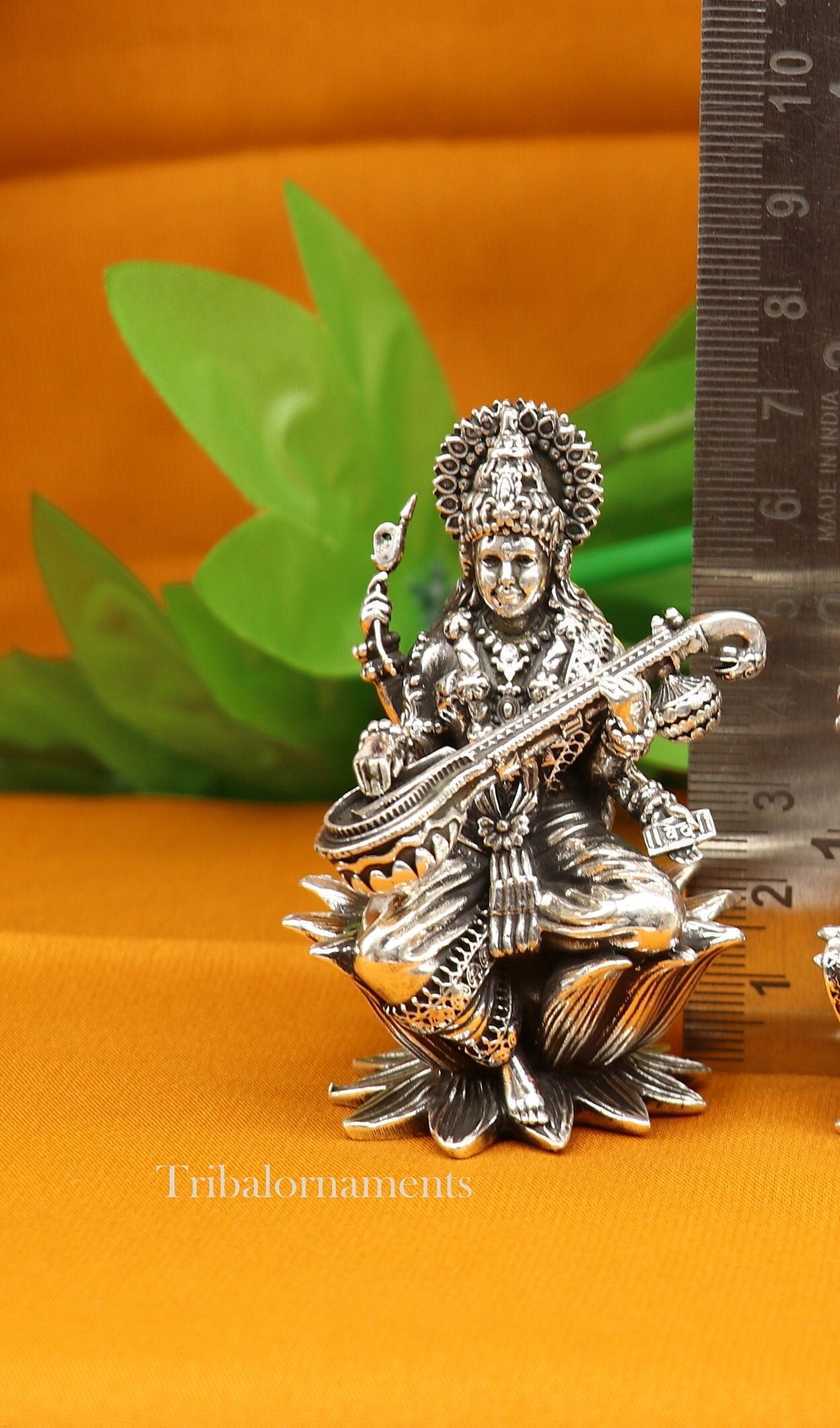 2.5" small 925 Sterling silver handmade customized Hindu idol Saraswati sharda maa statue, puja article figurine, home décor Articles art57 - TRIBAL ORNAMENTS