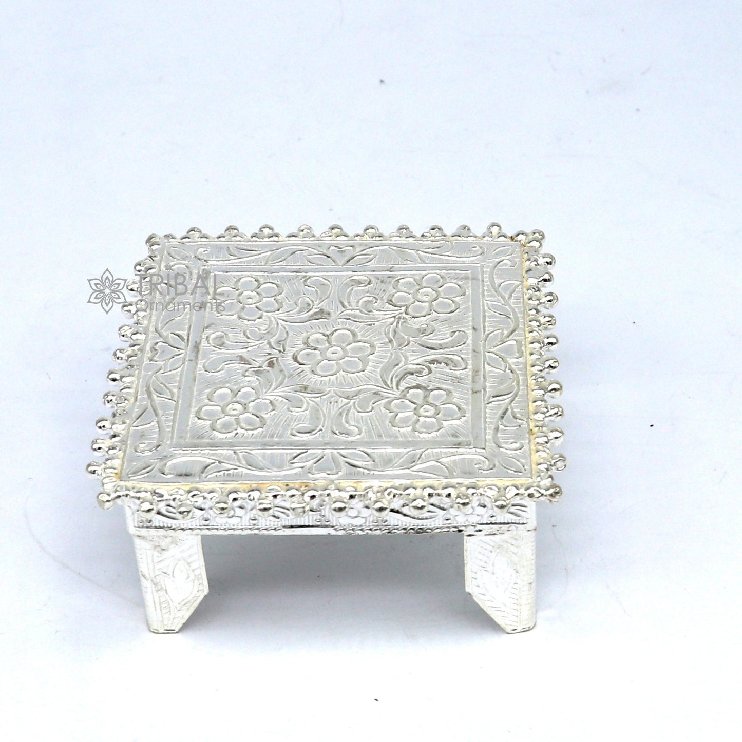 Sterling silver vintage small square table puja utensil by TRIBAL ORNAMENTS, handcrafted temple art for home puja rituals.