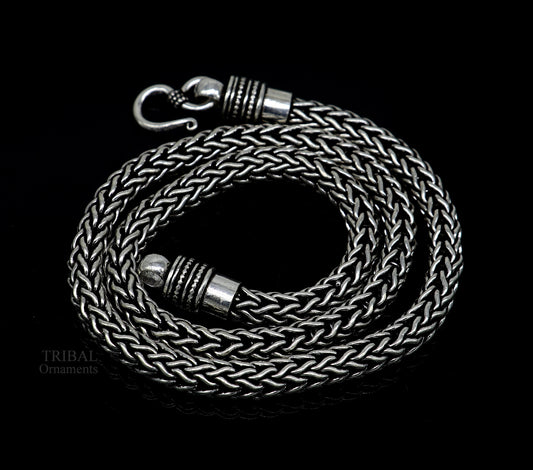 22-inch TRIBAL ORNAMENTS sterling silver heavy wheat chain necklace with vintage oxidized tribal jewelry design.