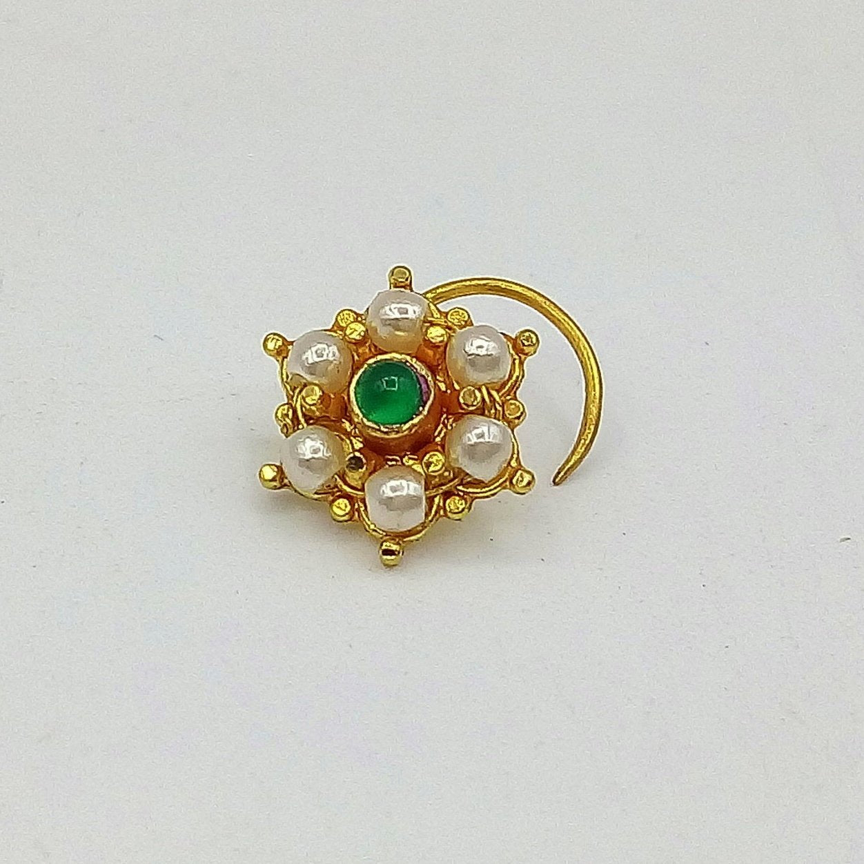 20k yellow gold handmade fabulous green stone pearl nose pin excellent antique vintage design tribal jewelry gnp20 - TRIBAL ORNAMENTS