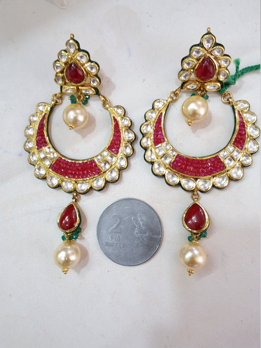 22 k yellow gold handmade fabulous kundan jadau earrings stud with dangling pearl excellent bridal jewelry er63 - TRIBAL ORNAMENTS
