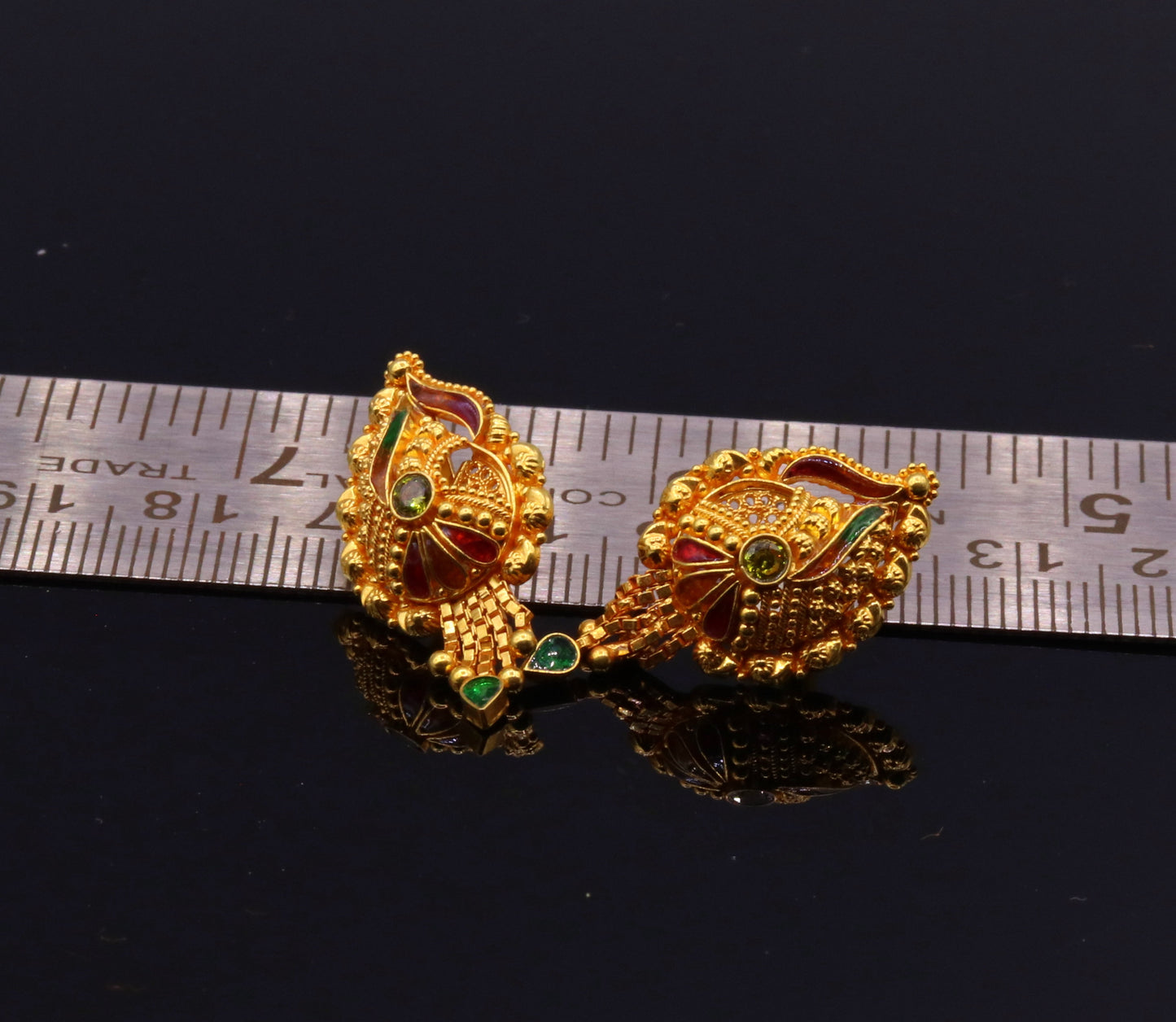 Handmade 22k yellow gold filigree stud earrings with antique Indian design, perfect for women's wedding jewelry from Rajasthan.