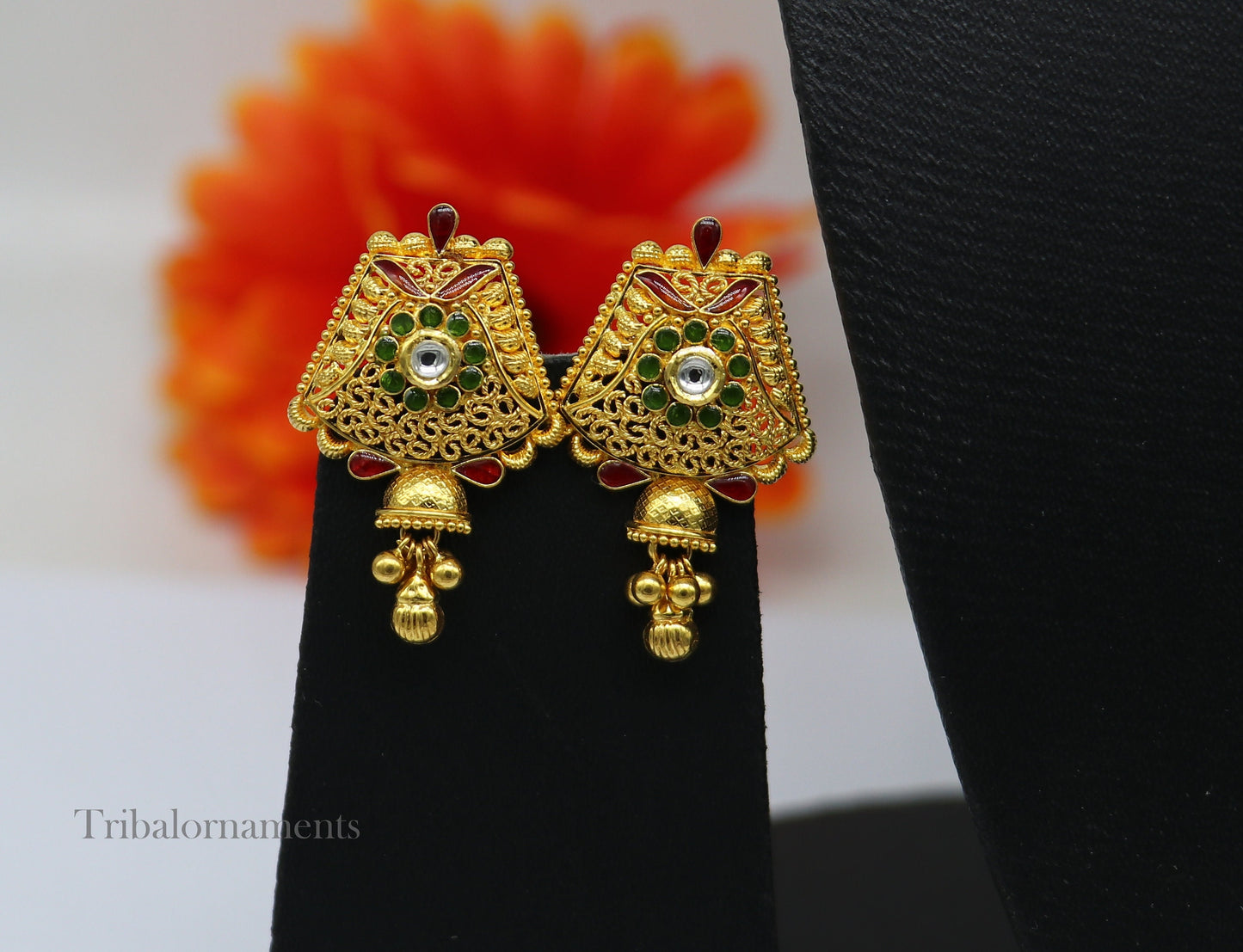 22KT yellow gold handmade filigree stud jhumka earrings with Kundan work, ideal for bridal and wedding jewelry.
