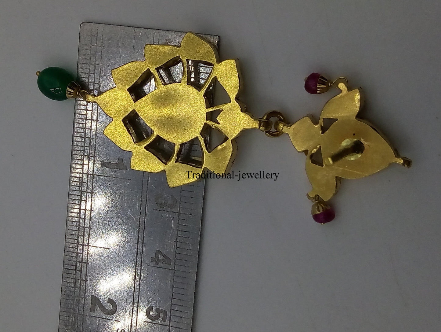 22KT yellow gold vintage Kundan Jadau stone earrings by Tribal Ornaments, featuring intricate handmade design for wedding or anniversary jewelry.