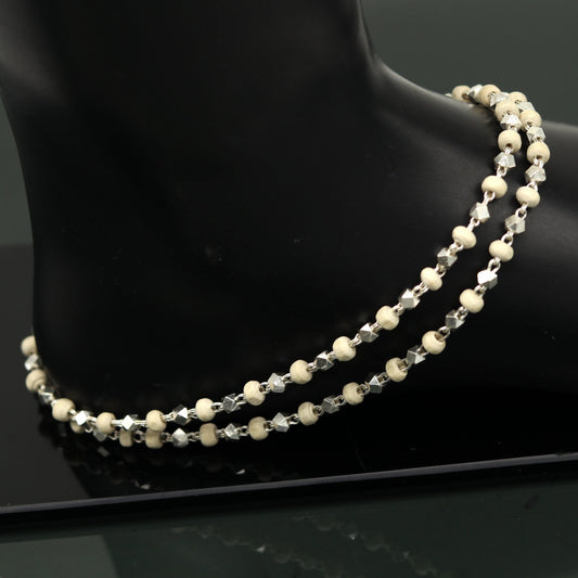 24" Sterling silver handmade wooden beads basil rosary beads silver chain necklace unisex jewelry , tulsi mala customized necklace ch81 - TRIBAL ORNAMENTS