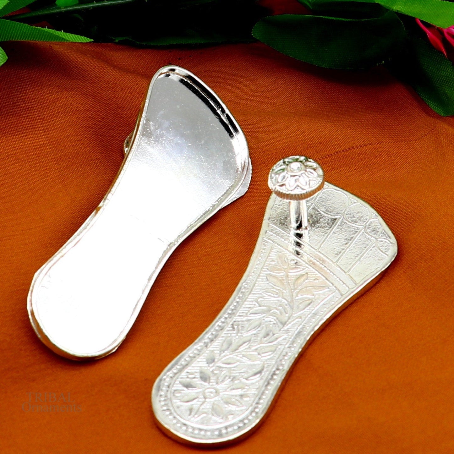 3" Solid sterling silver handmade Charan paduka or slippers for idol krishna, laddu gopala, little krishna or Vshnu Narayana puja art su637 - TRIBAL ORNAMENTS