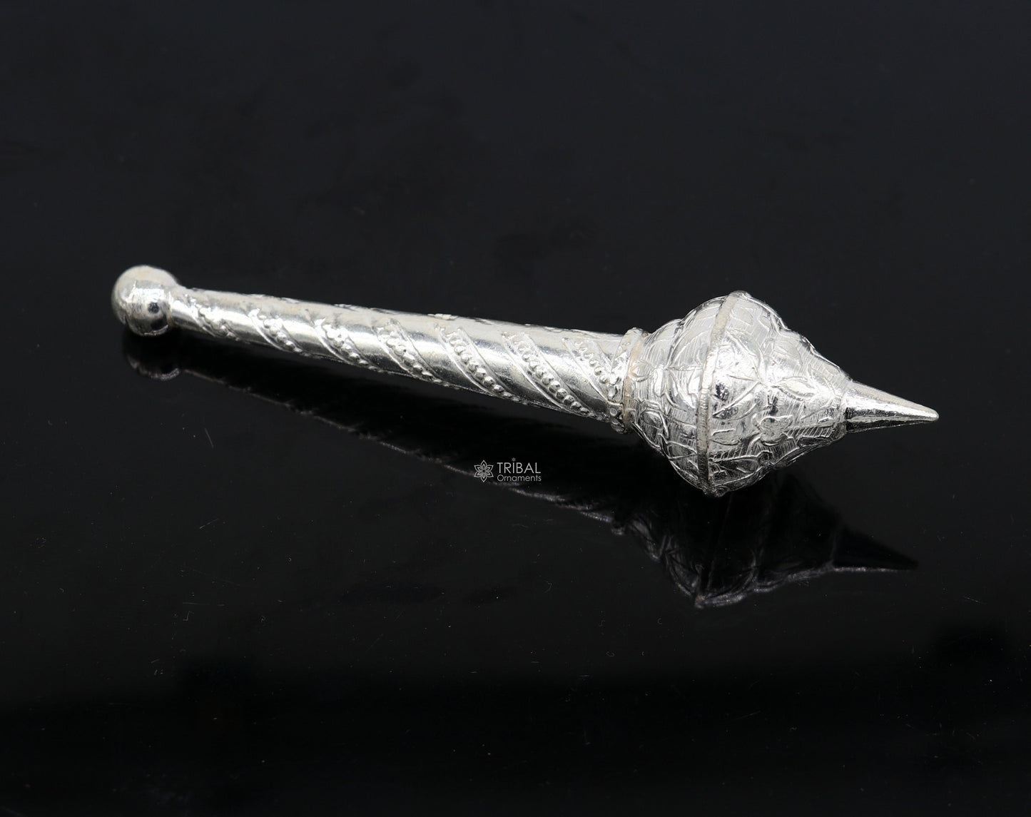 Sterling silver vintage-style Lord Hanuman Gada (mace) pendant, handcrafted with intricate detailing, perfect for Hanuman idols and puja.