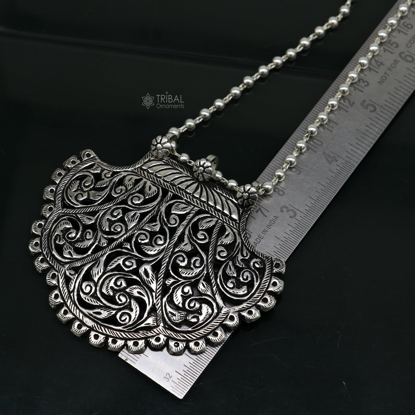 Beaded chain sterling silver pendant necklace with tribal ethnic design, 30 inches long, traditional and trendy jewelry for brides