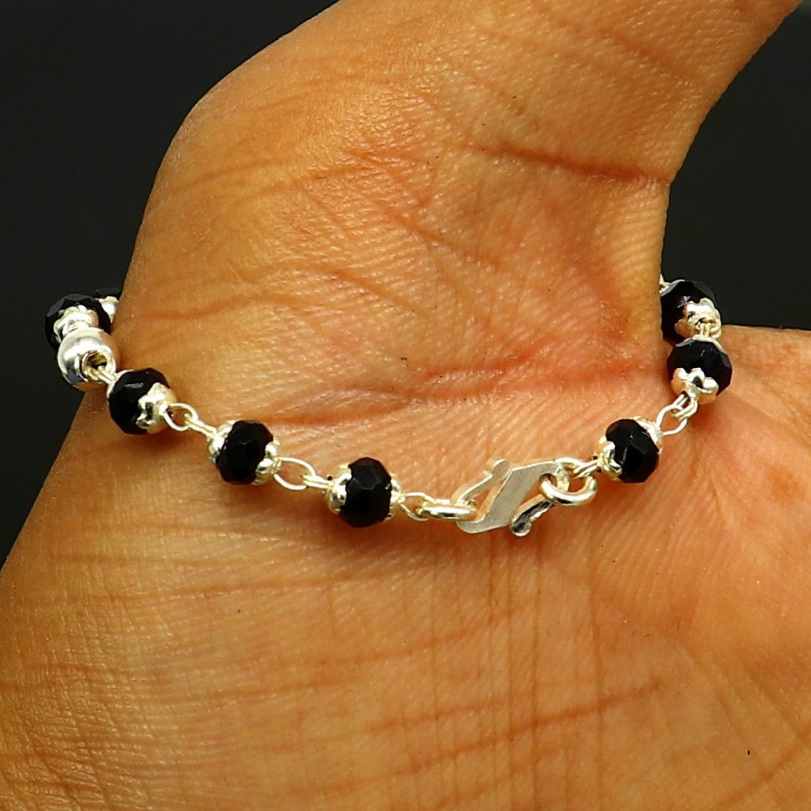 4.5" inches long handmade sterling silver beaded bracelet or necklace for baby krishna figurine or sculpture, best puja necklace sbr226 - TRIBAL ORNAMENTS