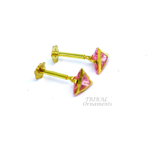 4mm 18kt yellow gold handmade single Pink stone Triangle shape stud earring cartilage earring customized unisex screw back jewelry er153 - TRIBAL ORNAMENTS