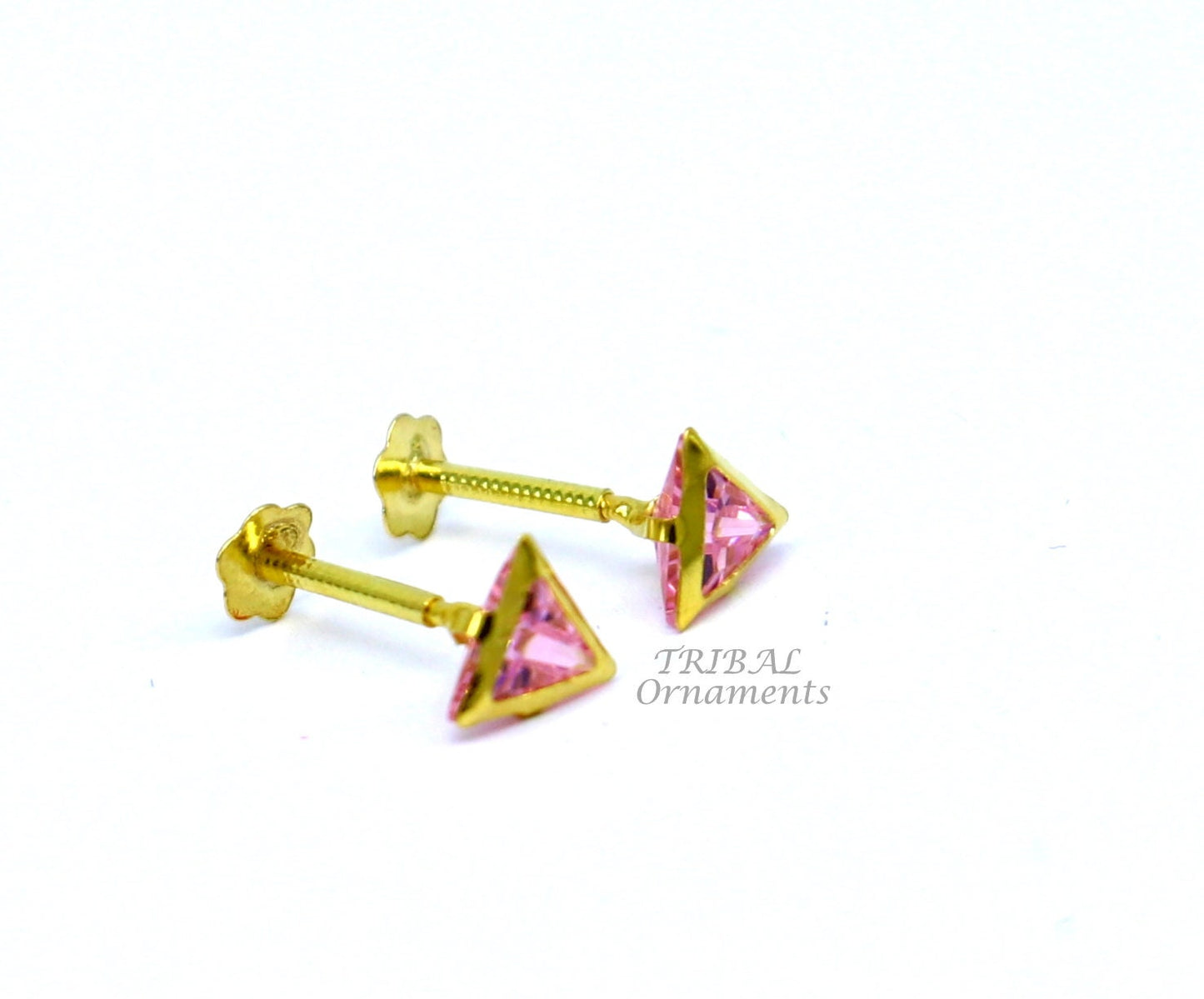 4mm 18kt yellow gold handmade single Pink stone Triangle shape stud earring cartilage earring customized unisex screw back jewelry er153 - TRIBAL ORNAMENTS