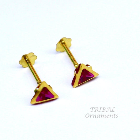 4mm 18kt yellow gold handmade single red stone Triangle shape stud earring cartilage earring customized unisex screw back jewelry er152 - TRIBAL ORNAMENTS