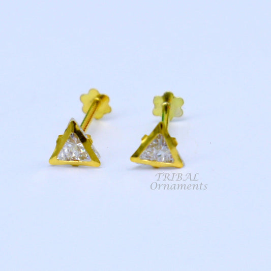 4mm 18kt yellow gold handmade single stone Triangle shape stud earring cartilage earring customized unisex screw back jewelry er154 - TRIBAL ORNAMENTS