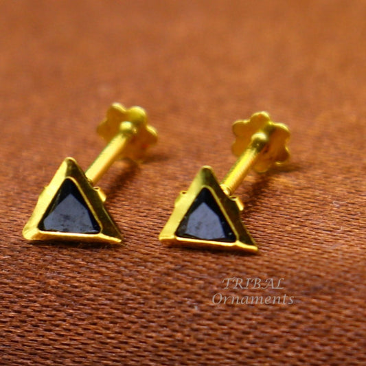 4mm 18kt yellow gold handmade single stone Triangle shape stud earring cartilage earring customized unisex screw back stud jewelry er150 - TRIBAL ORNAMENTS