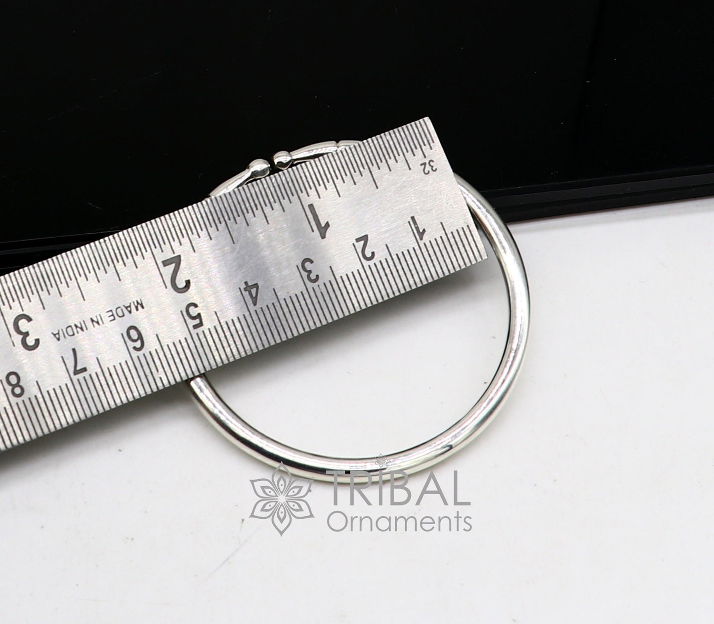 Sterling silver handmade bangle bracelet with plain shiny design, adjustable, unisex modern jewelry by TRIBAL ORNAMENTS.