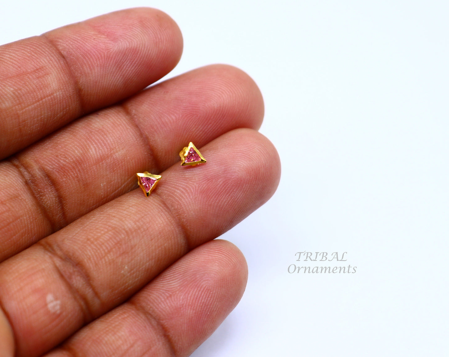 4mm tiny single pink stone handmade 18kt yellow gold combo jewelry we can use as stud or nose stud , baby stud cartilage jewelry er159 - TRIBAL ORNAMENTS