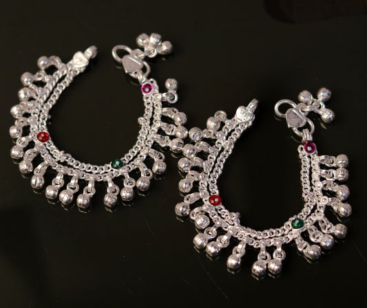 5.1" handmade vintage trendy style sterling silver fabulous baby anklets, unisex baby ankle bracelet with awesome nosy jingle bells ank164 - TRIBAL ORNAMENTS