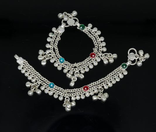 5.2" long Sterling silver handmade fabulous customized new born baby ankle bracelet with amazing hanging noisy bells gifting jewelry ank223 - TRIBAL ORNAMENTS