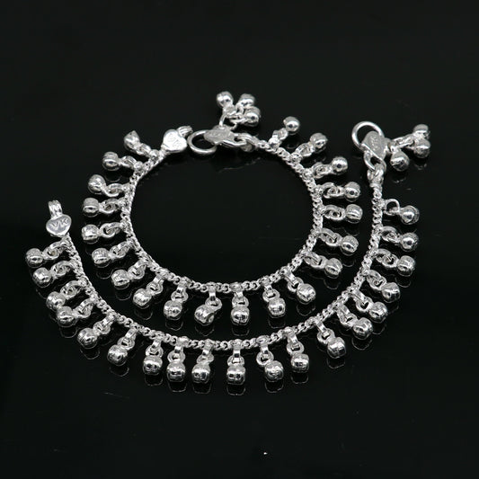 5.5" long Vintage design sterling silver handmade amazing waved noisy hanging drops bells baby anklet, ankle bracelet, charm bracelet ank428 - TRIBAL ORNAMENTS