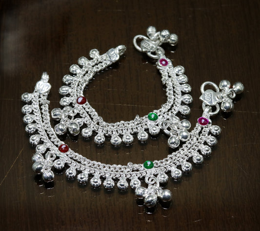5" inches Sterling silver double chain chain ankle bracelet new born baby anklet jingling noisy sound bells charm anklets jewelry ank196 - TRIBAL ORNAMENTS
