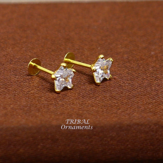 5mm 18kt yellow gold handmade single cubic zircon stone back screw star shape stud earring cartilage customized unisex jewelry er146 - TRIBAL ORNAMENTS