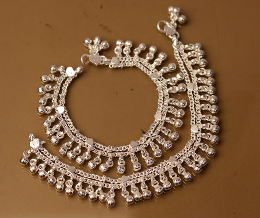 6.0" Sterling silver handmade baby ankle bracelet, amazing noisy jingle bells, charm anklets foot bracelet belly dance jewelry ank170. - TRIBAL ORNAMENTS