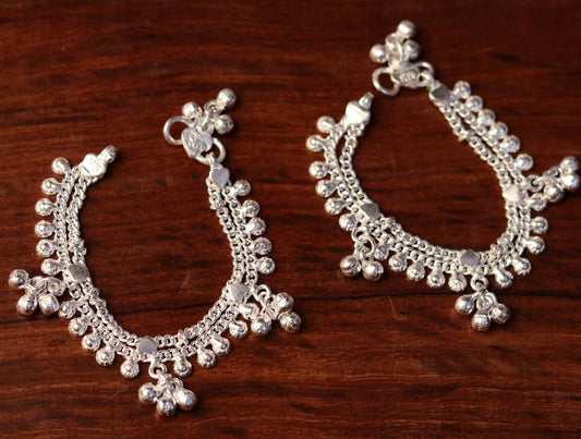 6.2" handmade sterling silver baby anklet charm ankle bracelet, fabulous hanging noisy bells, excellent unisex baby foot bracelet ank159 - TRIBAL ORNAMENTS