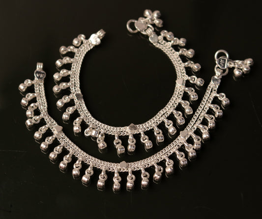 6.6" Sterling silver handmade baby anklet charm ankle bracelet, fabulous hanging noisy bells, excellent unisex baby foot bracelet ank158 - TRIBAL ORNAMENTS