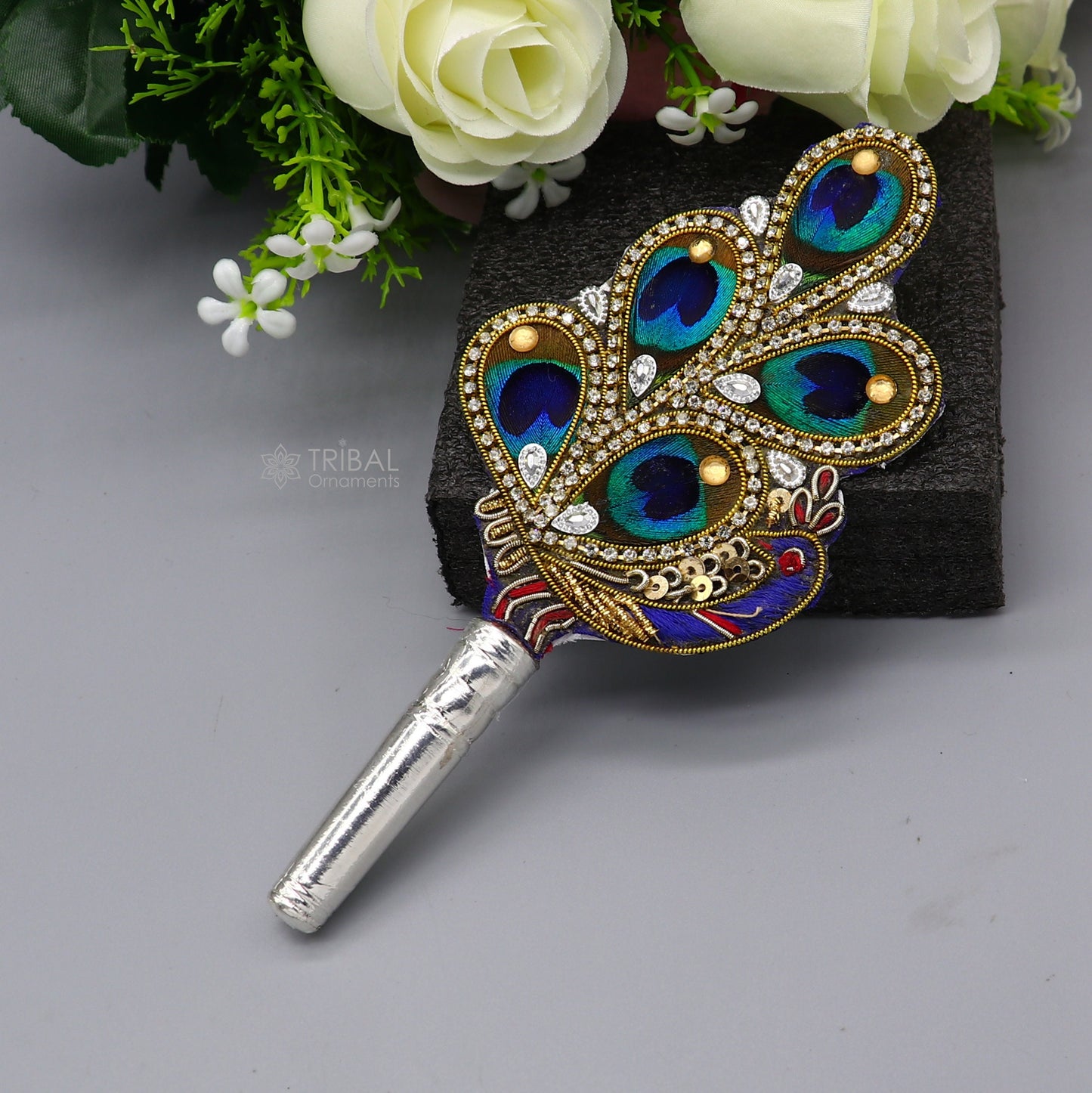 6" Vintage style handmade Wooden base silver Morchhadi, with peacock feather, best lord krishna laddu gopala silver pankhi silver fan su1219 - TRIBAL ORNAMENTS