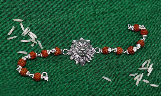 7.0" 925 Sterling silver customized rudraksha beaded lion Rakhi or bracelet. best gift for your brother's for special Rakshabandhan rk05 - TRIBAL ORNAMENTS
