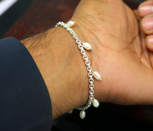 7.5" 925 sterling silver handmade customized charm bracelet, stylish pearl bracelet unisex gifting jewelry belly dance jewelry nsbr191 - TRIBAL ORNAMENTS