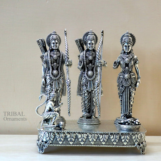 Handcrafted 7.5-inch 925 Sterling silver Shri Ram Darbar statue featuring Lord Rama, Laxman, and Seeta by Tribal Ornaments.