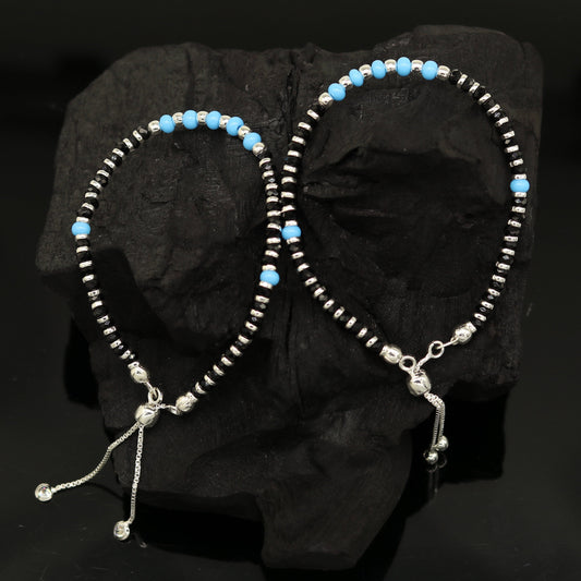 7 inches long handmade 925 sterling silver fabulous silver beads, blue stone charm adjustable customized bracelet for girl's gifting sbr172 - TRIBAL ORNAMENTS