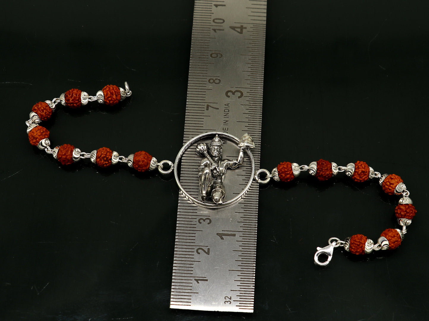 8.5-inch Sterling silver Lord Hanuman beaded bracelet with Rudraksha beads, customized design by TRIBAL ORNAMENTS.