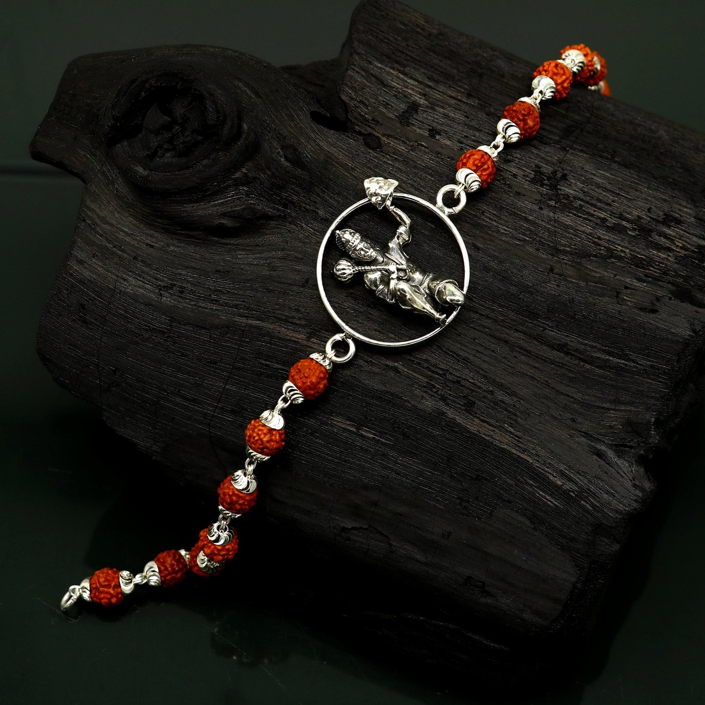 8.5" 925 Sterling silver customized rudraksha beaded Lord Hanuman Rakhi bracelet. best gift for your brother's of special Rakshabandhan rk06 - TRIBAL ORNAMENTS
