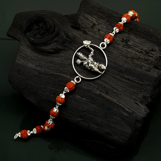 Sterling silver Lord Hanuman beaded bracelet with Rudraksha beads, custom design, 8.5-inch size by Tribal Ornaments.